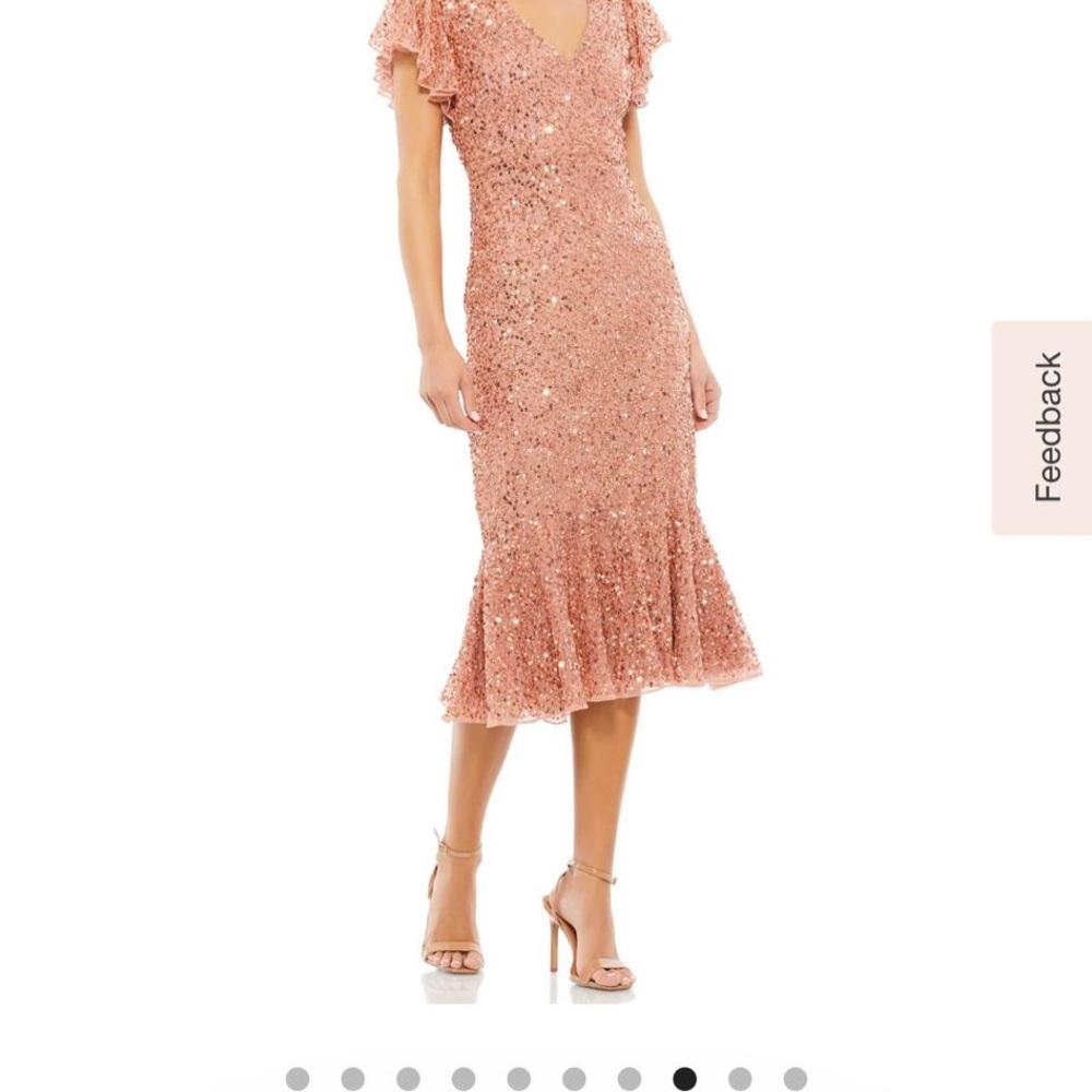 Mac Duggal Rose Gold Fit and Flare Midi Dress with Flutter Sleeves